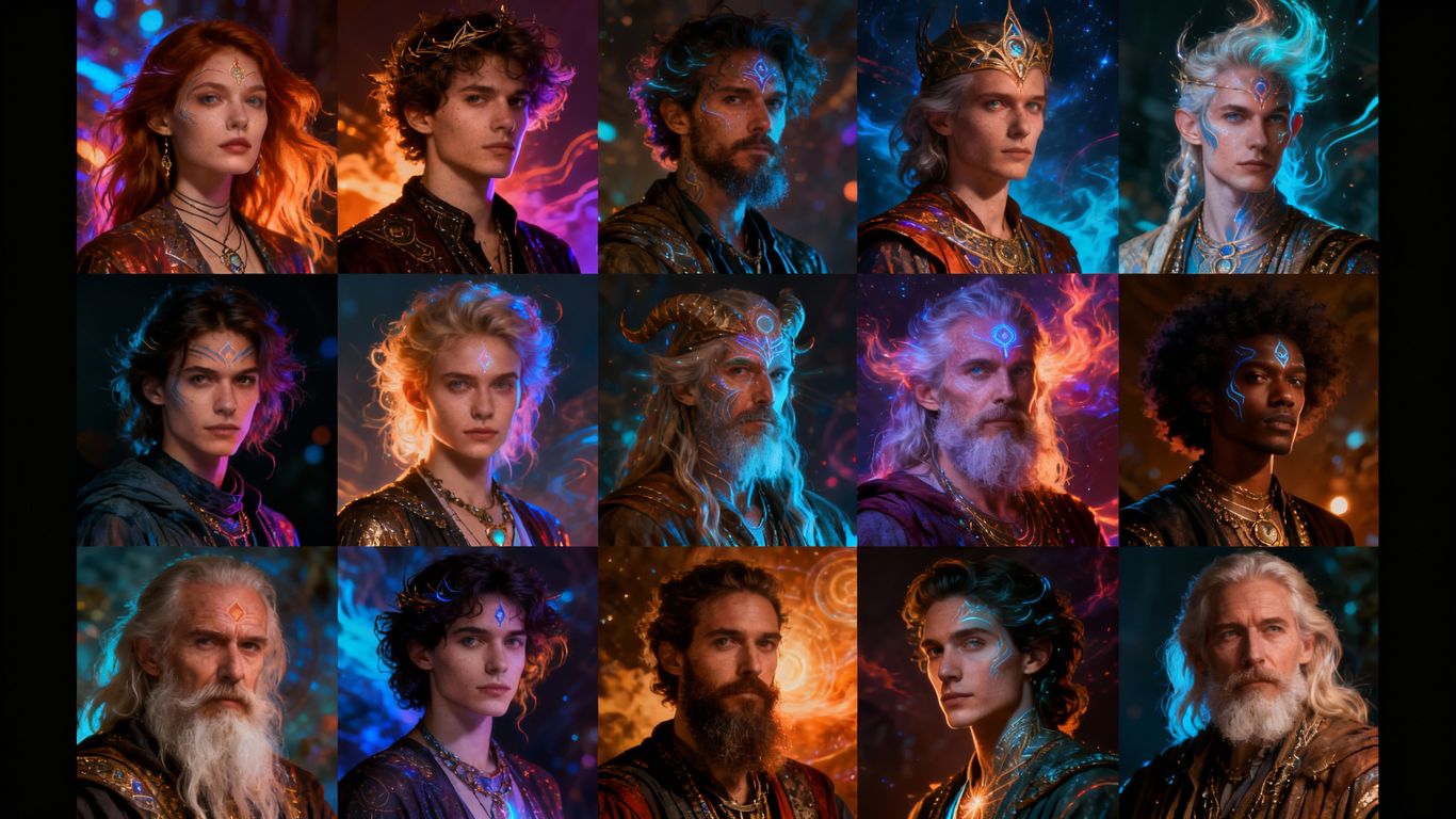 Twelve archetypal portraits representing zodiac energies.