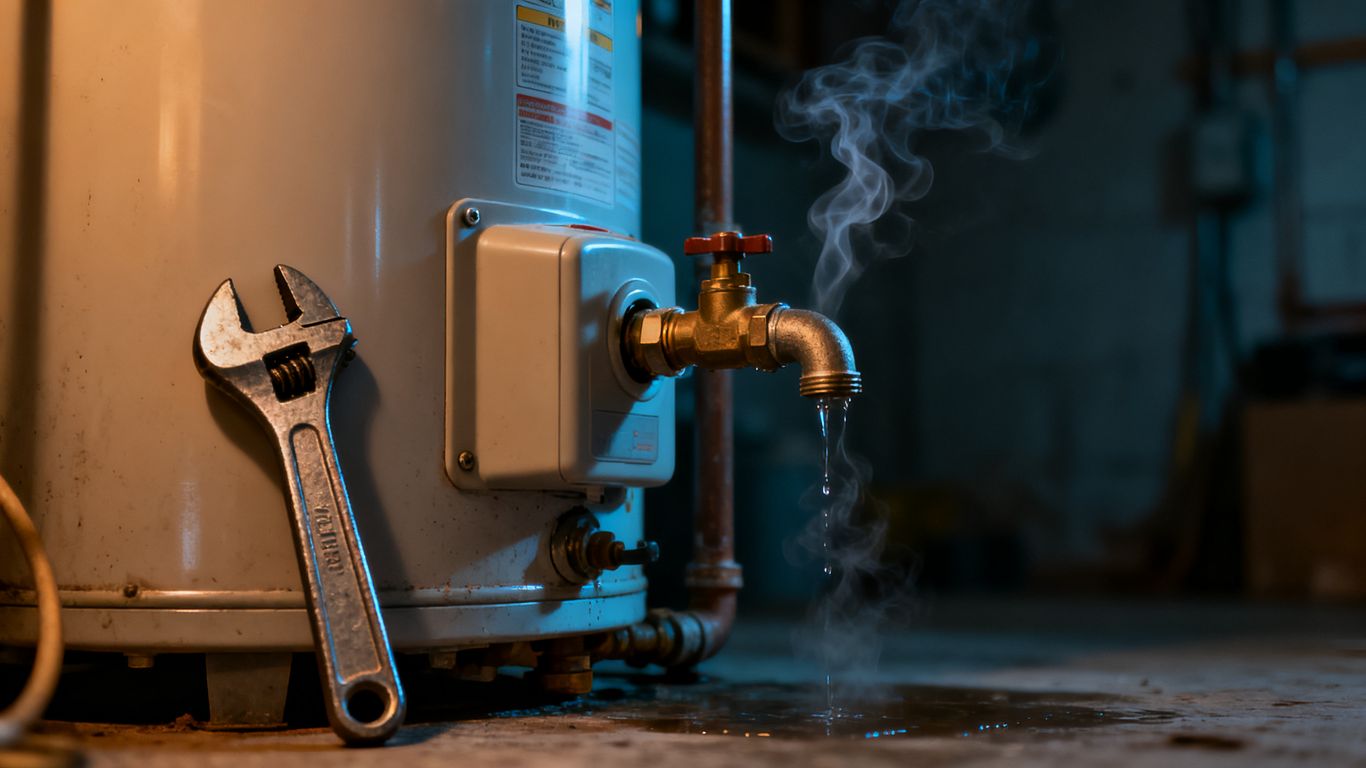 Water heater with a wrench and a dripping pipe.