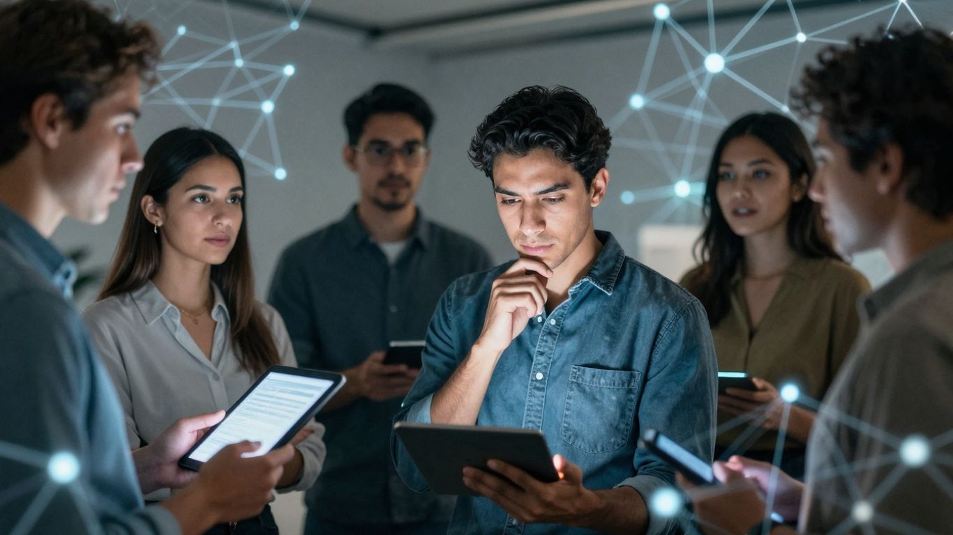 People interacting with technology and each other.