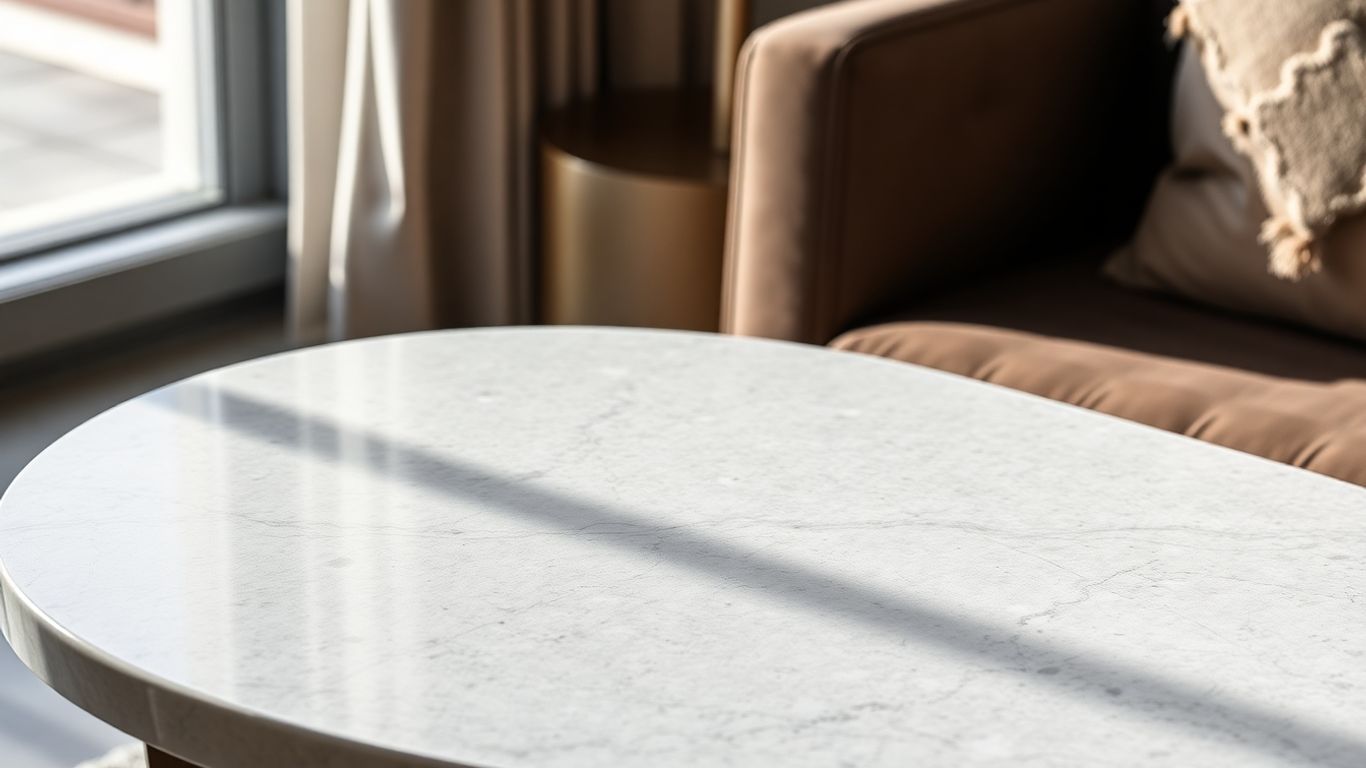 Stylish stone top side table in a modern living room.