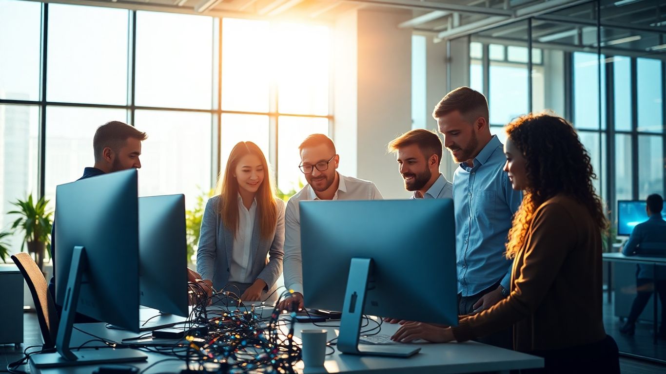 Equipo trabajando en oficina moderna con tecnología avanzada.