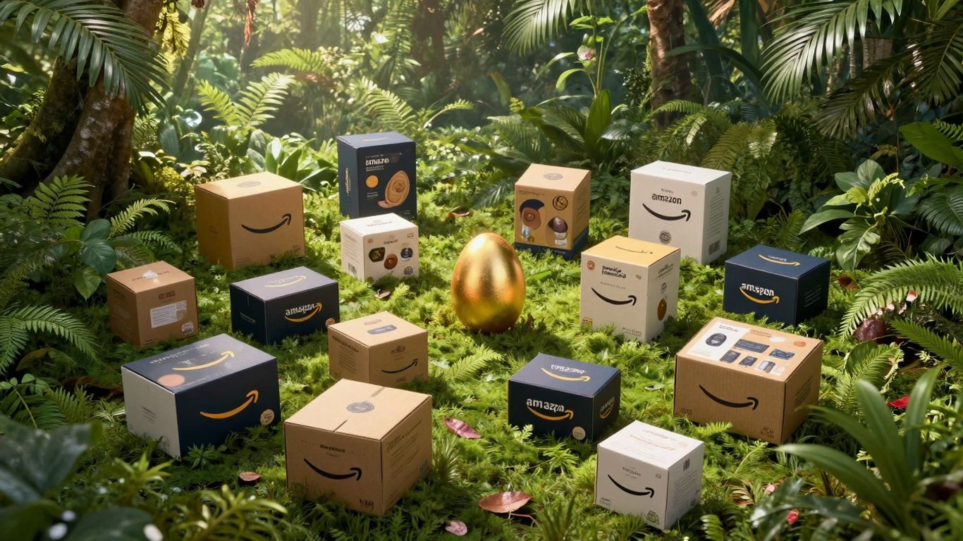 Amazon product boxes in a jungle with a golden egg.