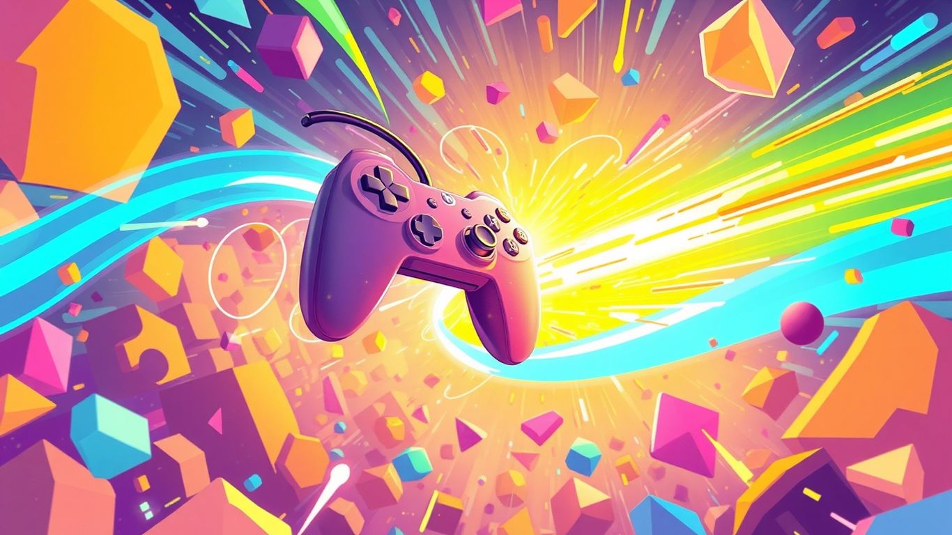 Controller amidst colorful game elements, endless fun.