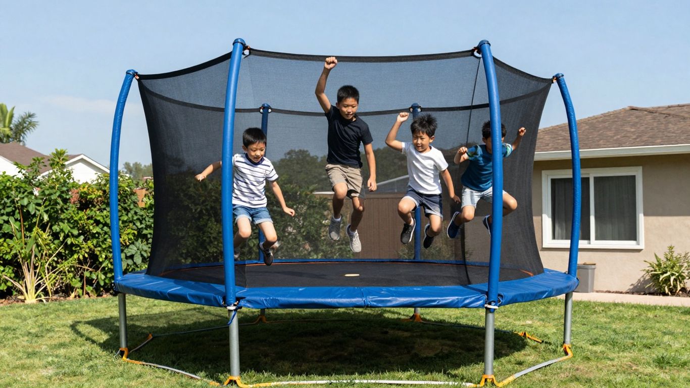 14ft trampoline with kids jumping in a backyard.