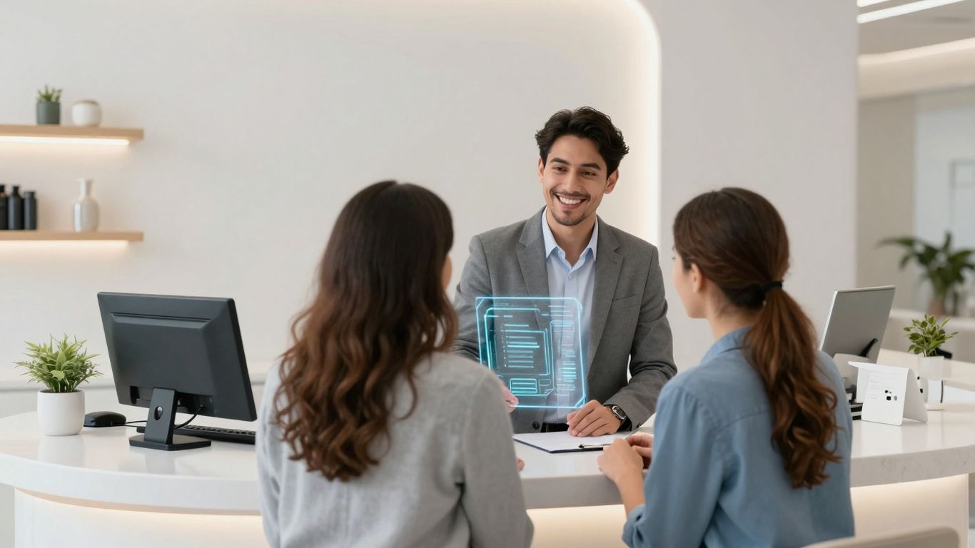 AI receptionist assisting patient in clinic.