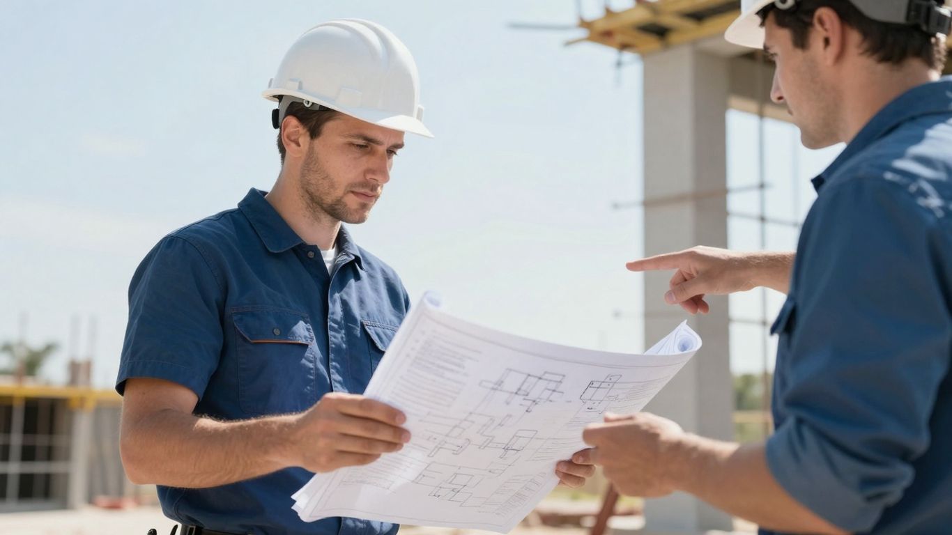 Bauarbeiter besprechen Baupläne auf einer Baustelle.