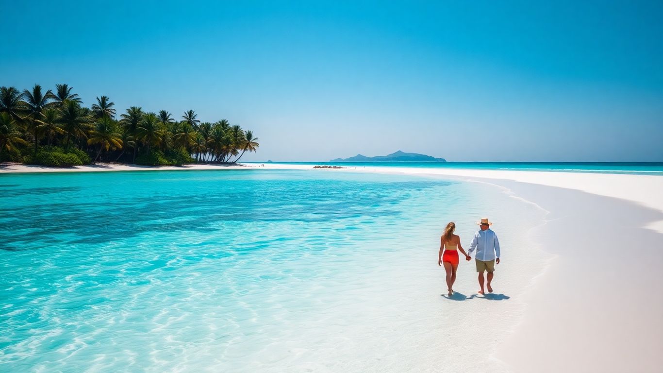 Couple walking on a tropical beach during a long haul holiday.