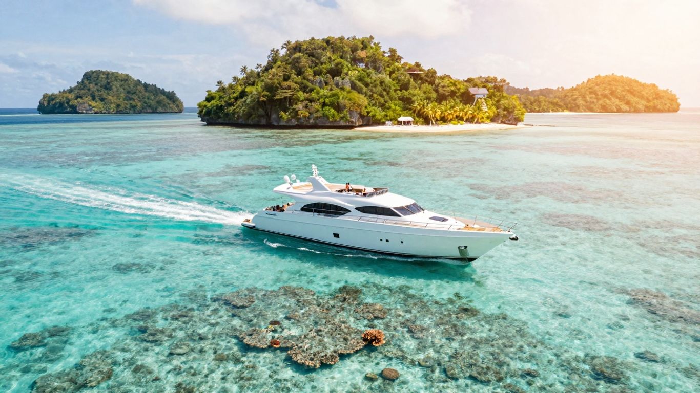 Luxury yacht sailing in Raja Ampat's turquoise waters.
