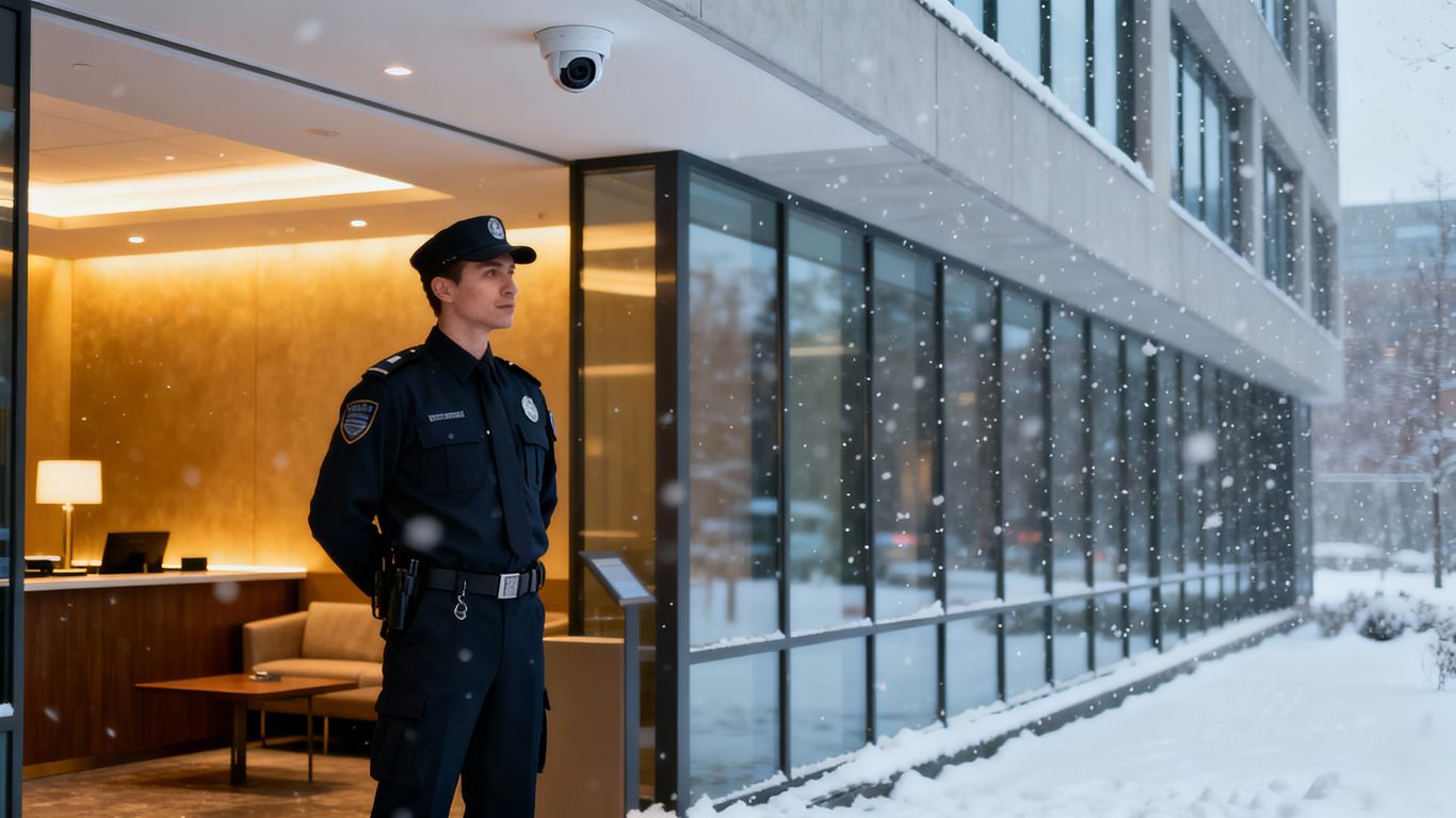 Business security in winter, office building, snow, security guard.
