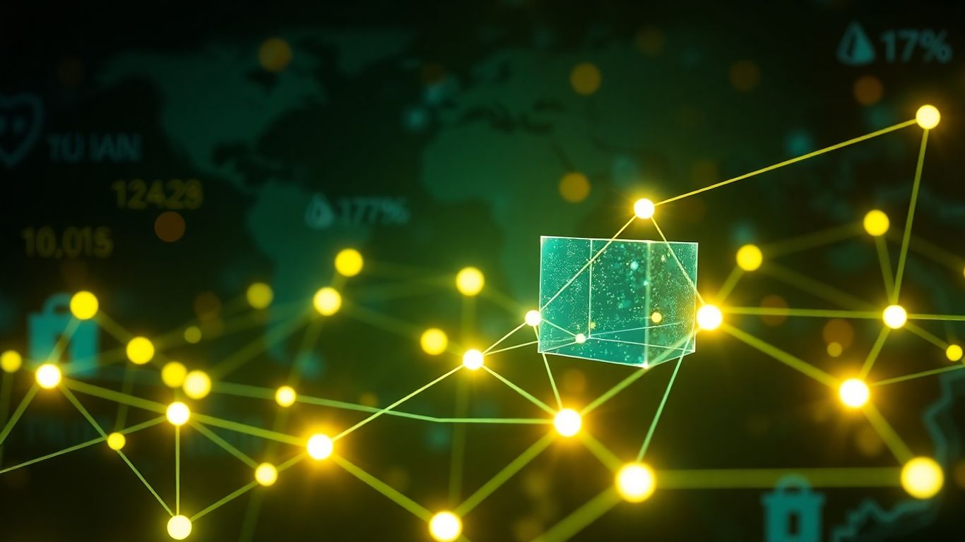 Blockchain network impacting financial services and trade.