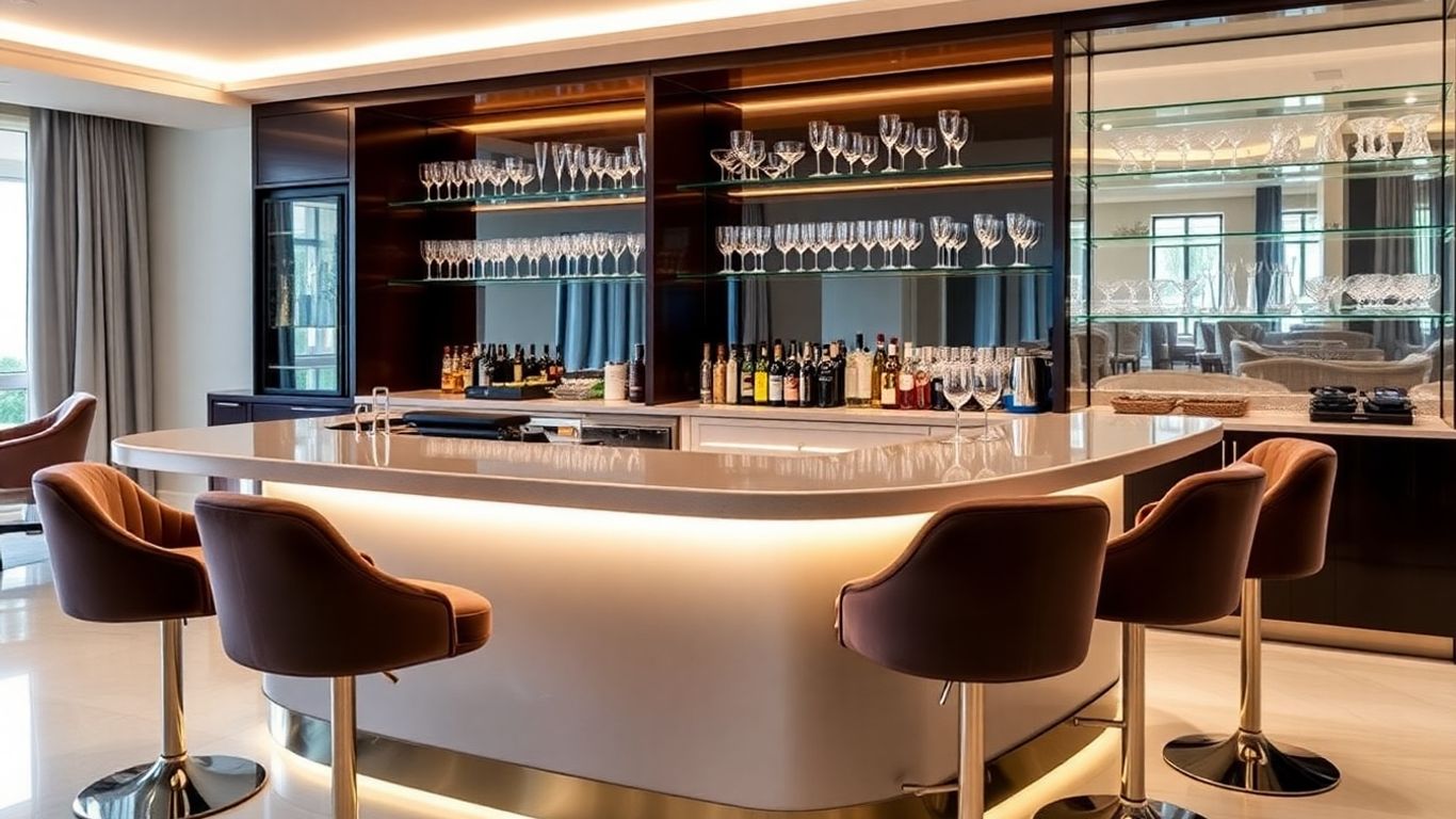 Elegante Hausbar mit Samtbarhockern und moderner Theke.