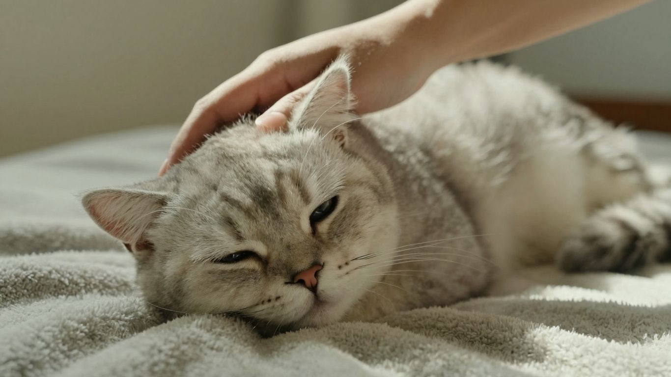 Calm cat being petted, looking relaxed and content.