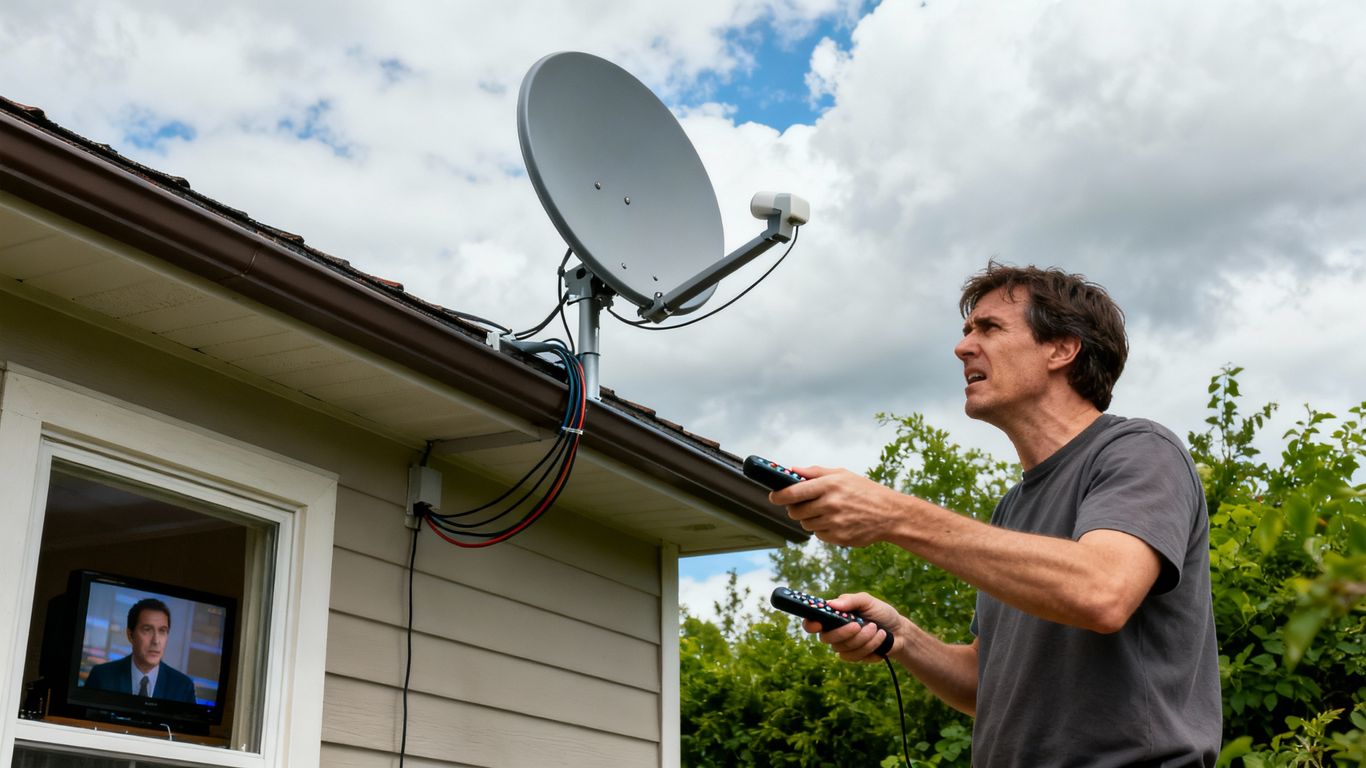 Person adjusting satellite dish on roof, TV troubleshooting
