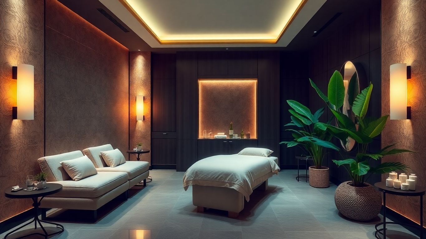 Luxurious spa room with tropical plants and plush seating.