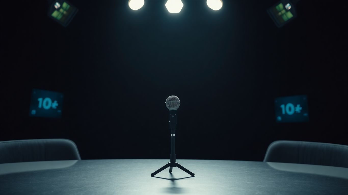 Microfone solitário em estúdio de TV, em memória.