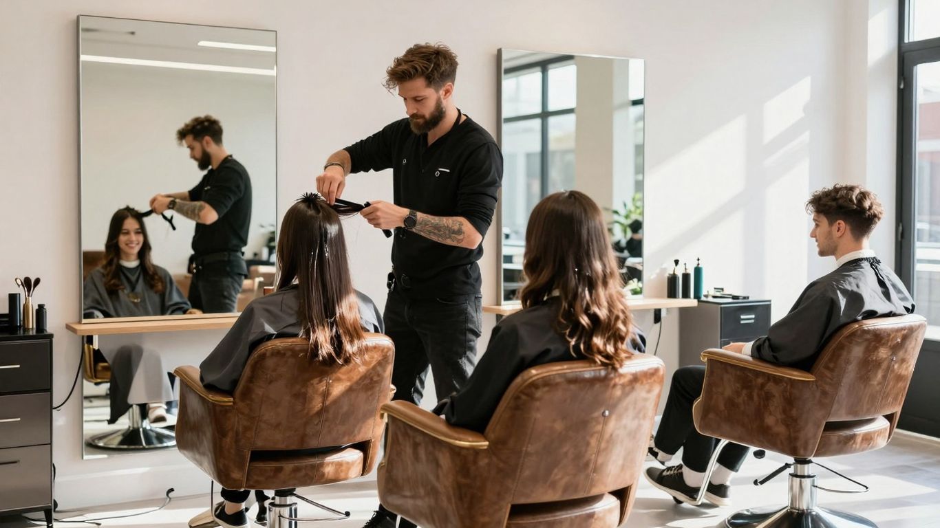 Stylish Irish hair salon with happy clients and stylists at work.