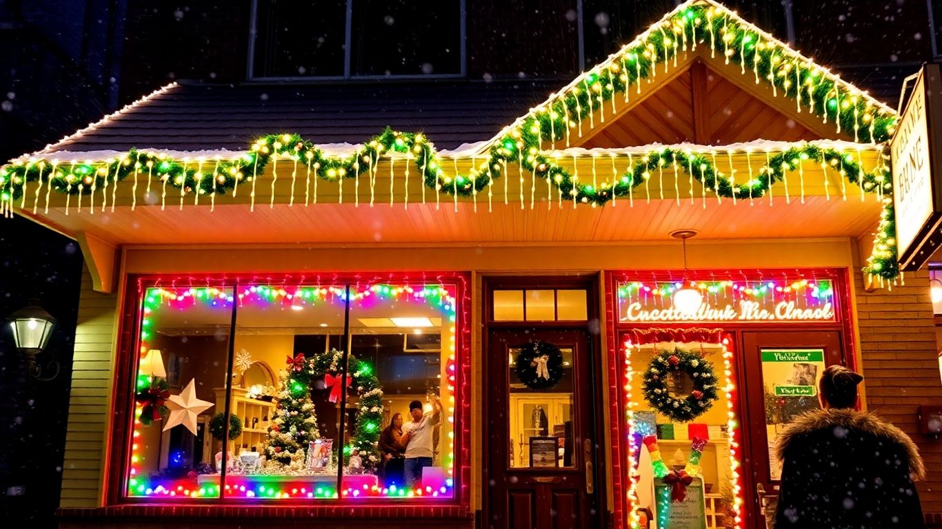 Festive Cottleville storefront adorned with bright Christmas lights.