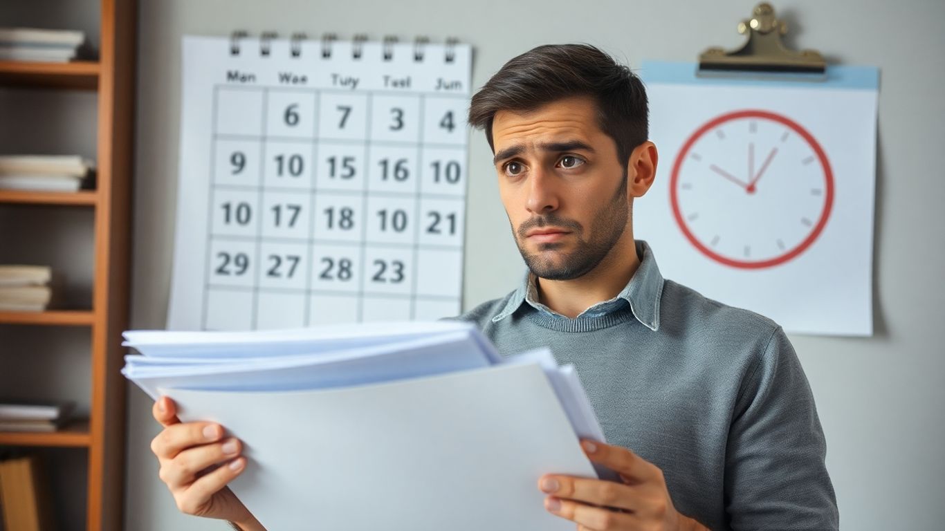 Pessoa preocupada com documentos e calendário de IRS