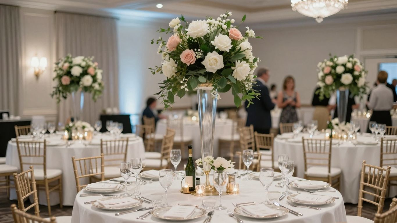 Elegant anniversary party venue in Dallas with floral decor.