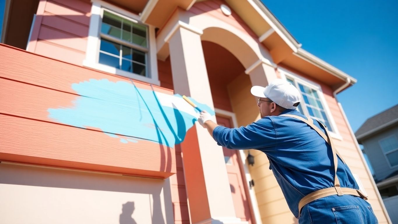 Painter applying color to a Denver house exterior.