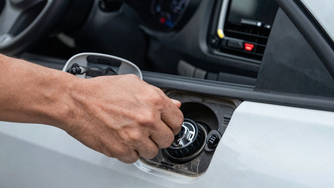 Subaru gas cap being tightened, check engine light on.