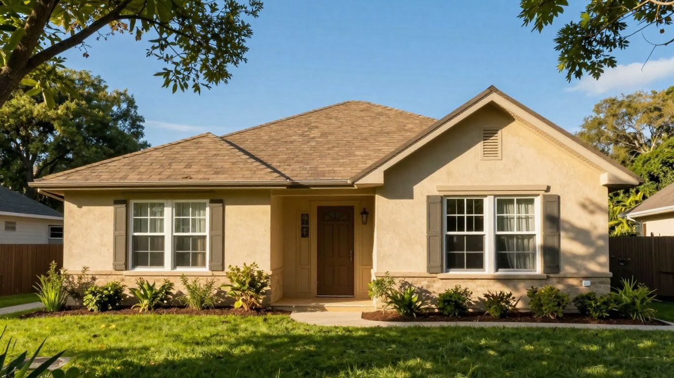 Cozy house with green lawn and blue sky.