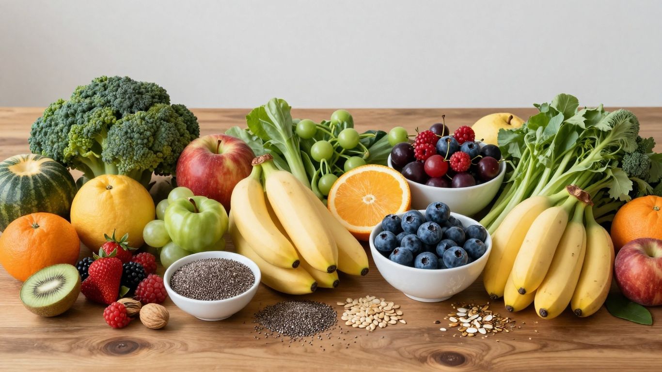 Fructe, legume, nuci și semințe pe o masă.