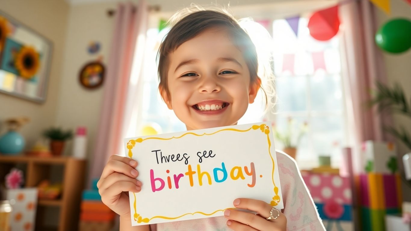 Child smiling holding affirmation card, birthday gift.