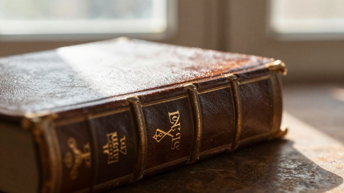 Antique book with gold lettering in sunlight.