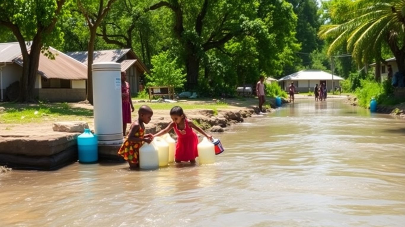 Children collecting clean water from a river purification system.