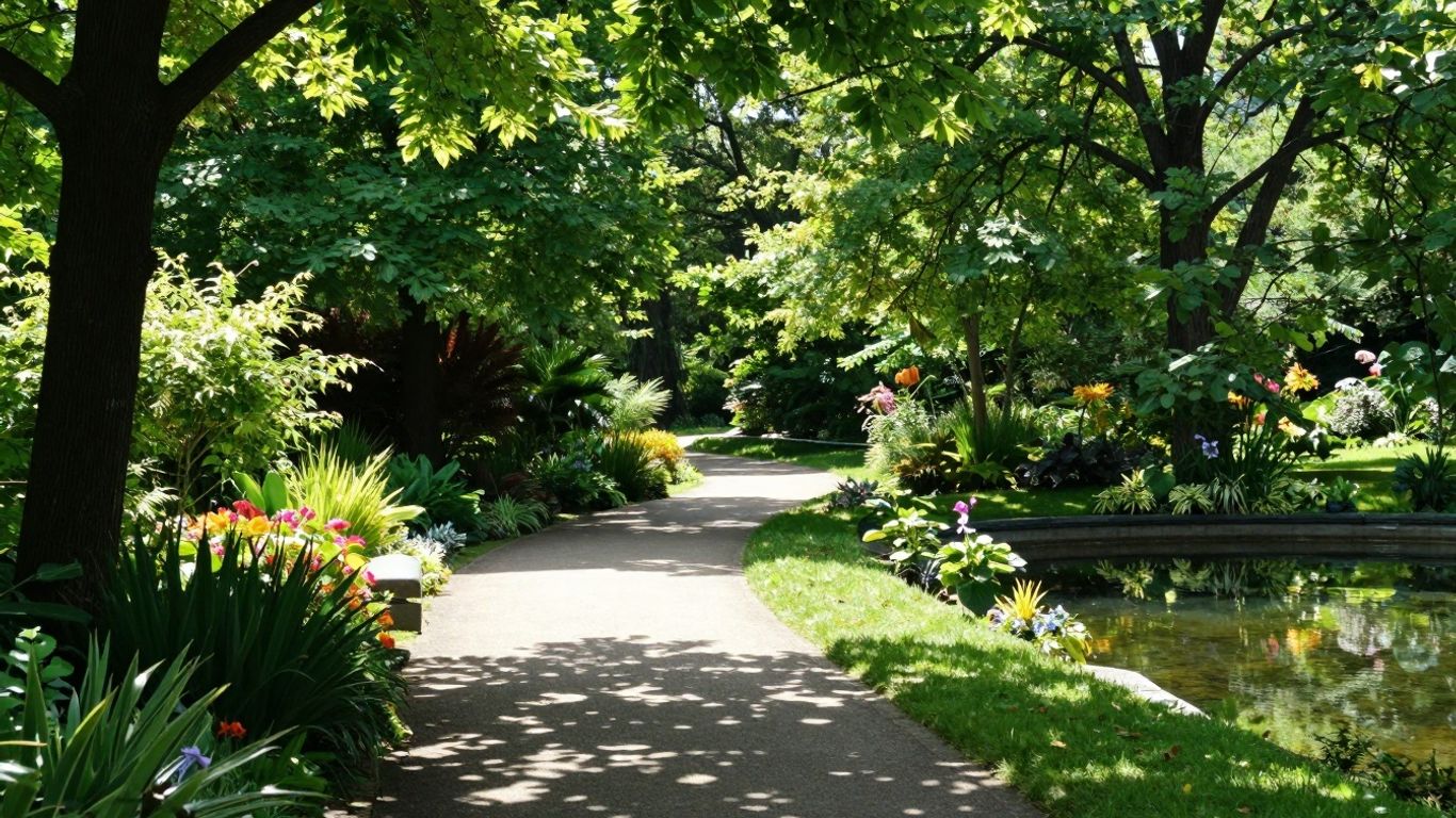 Grüner Parkweg mit Bäumen und Blumen
