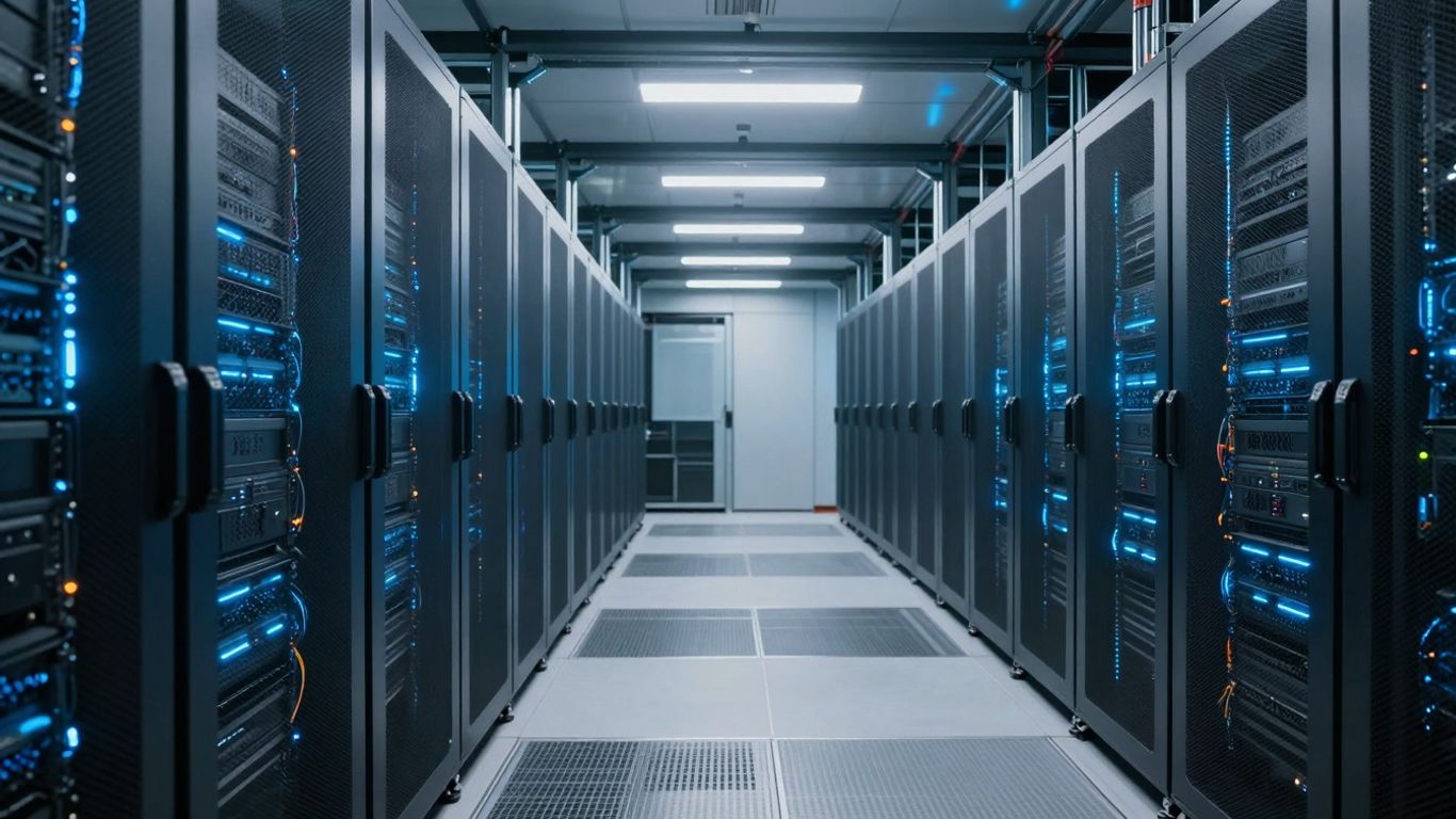 Modern server room with glowing lights and complex wiring.