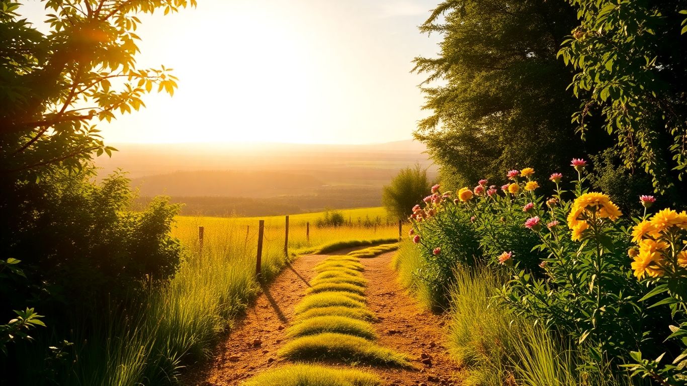 Sunlit path through blooming landscape towards financial freedom.