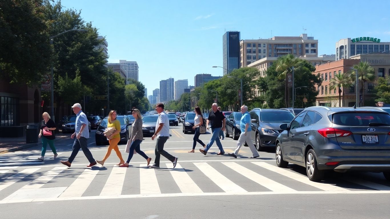 Pedestrian Crosswalk Accidents in Sandy Springs: Legal Advice 3 Pedestrians crossing Sandy Springs crosswalk as cars wait nearby.