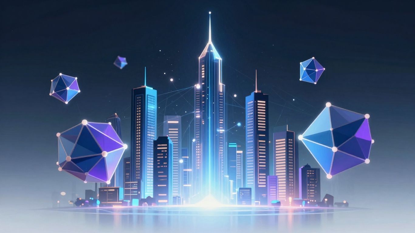 Futuristic city with glowing digital streams and blockchain nodes.