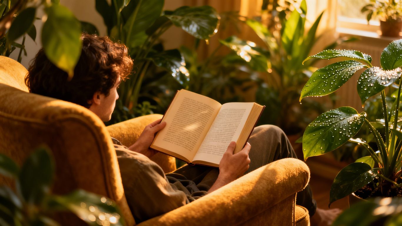 Person reading a book in a cozy armchair.