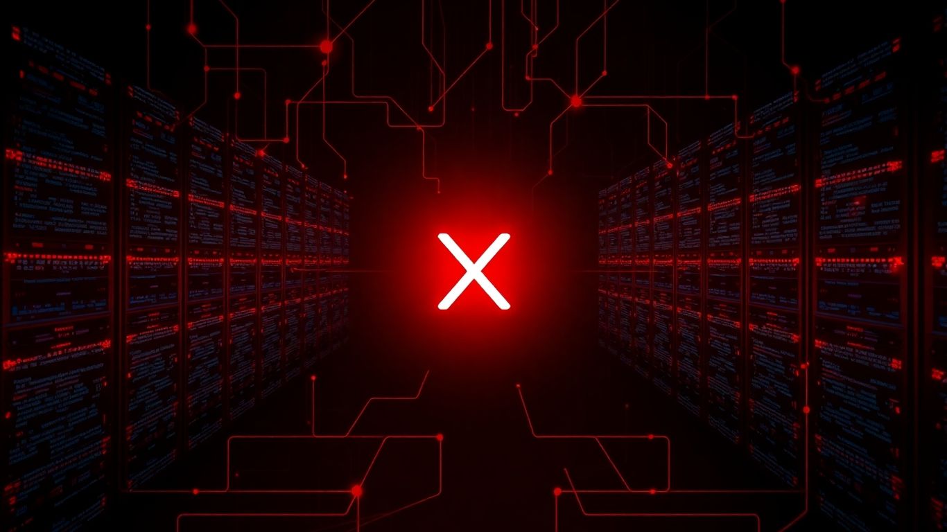 Digital network of servers with a central X symbol.