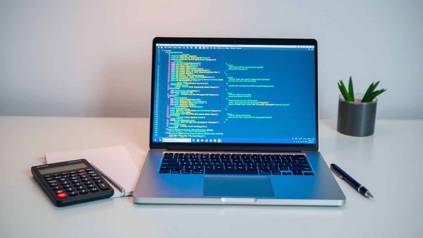 Python code on laptop screen next to calculator.