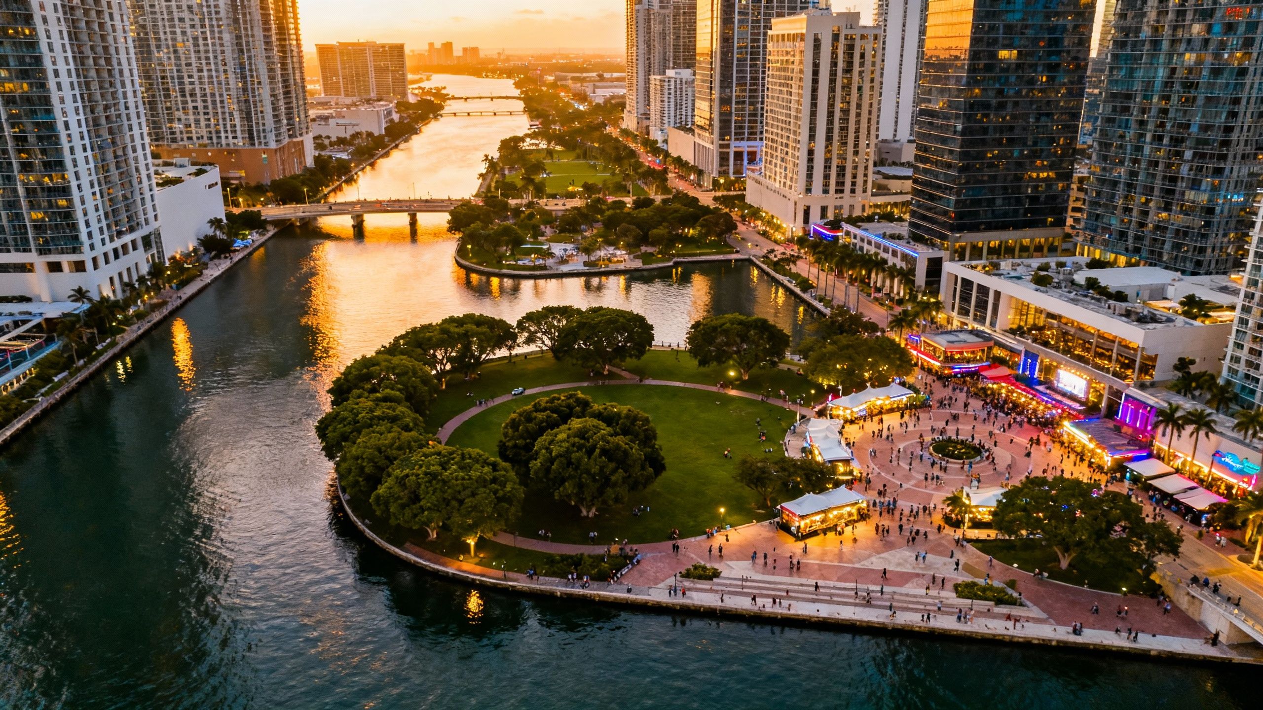 Aerial view of Brickell’s vibrant urban neighborhood, with water, parks, and entertainment options