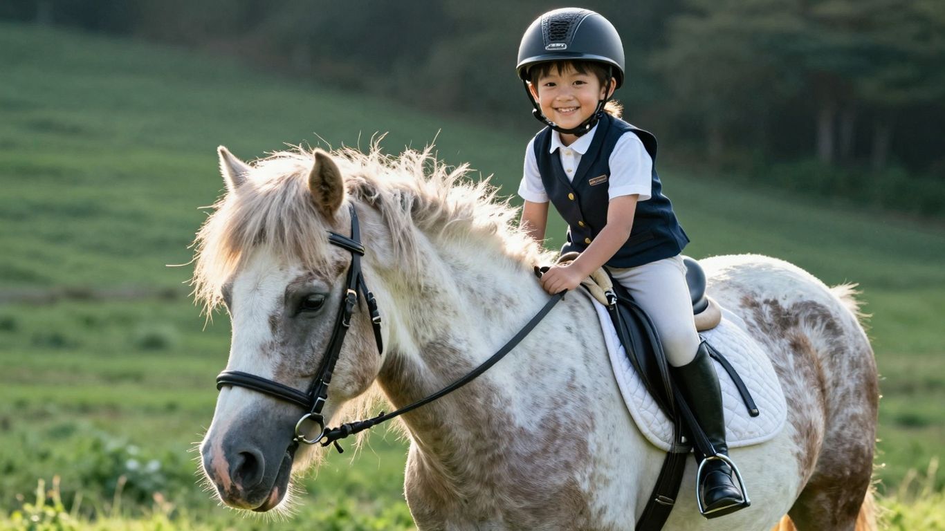 Young rider smiling on a pony in a field.