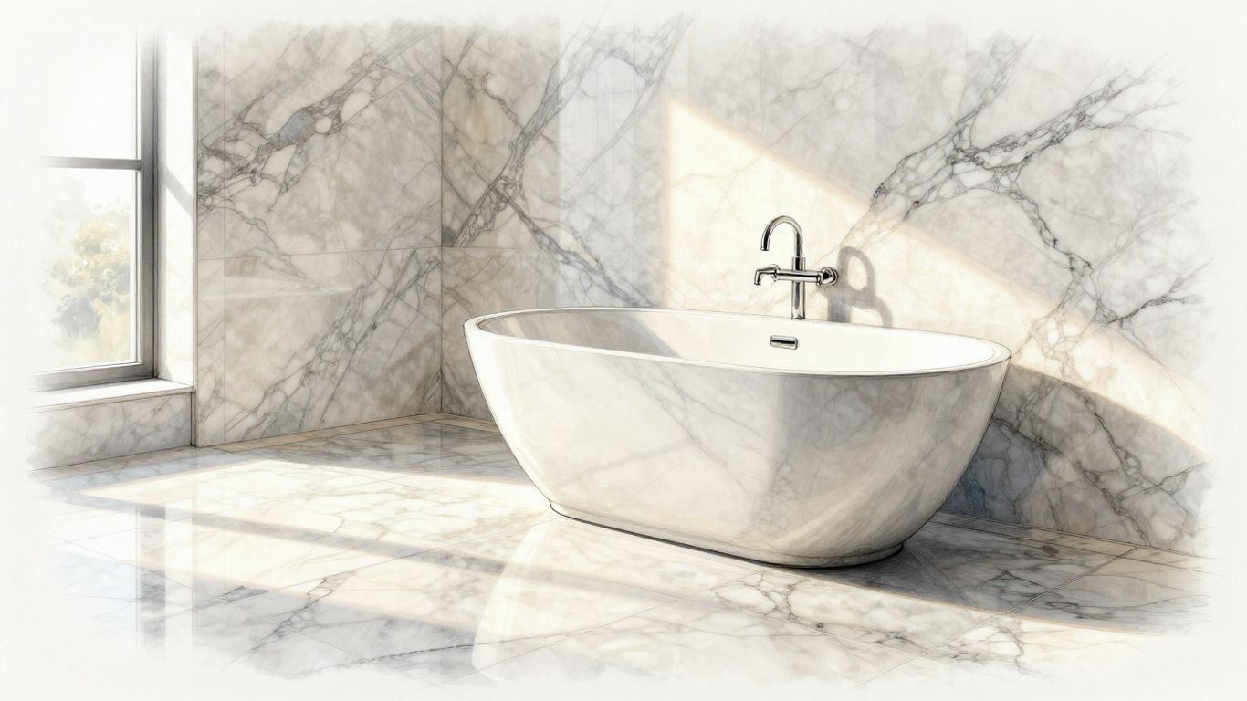 Sketch of a luxurious bathroom with marble tiles.