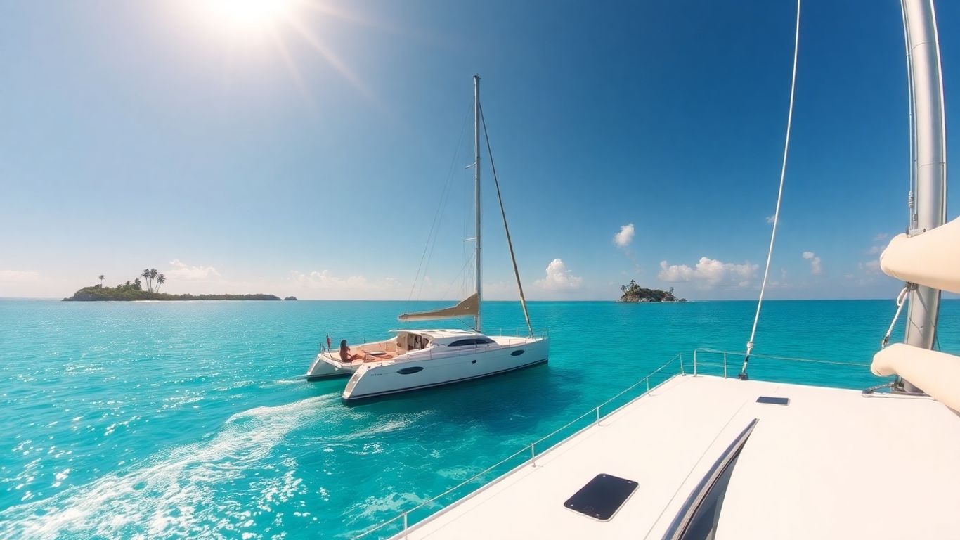 Luxurious catamaran sailing on turquoise ocean waters.