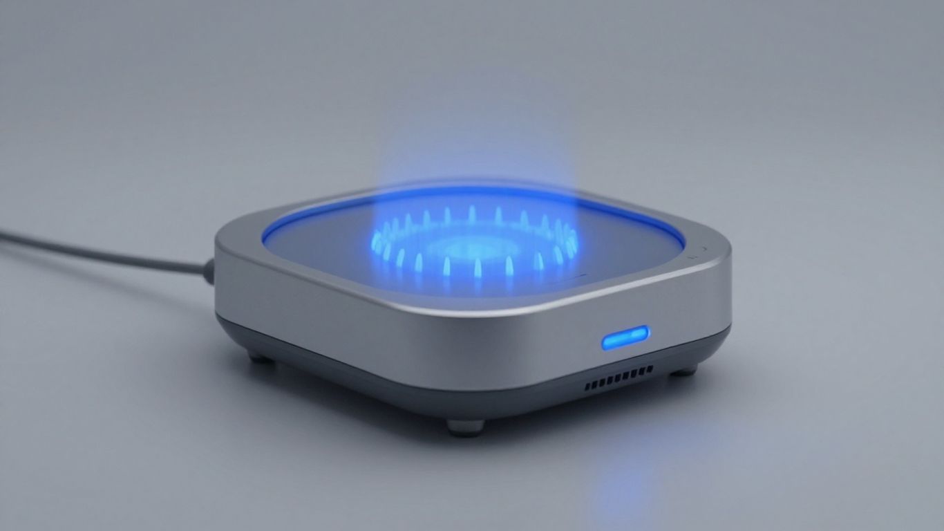 Modern PEMF therapy device emitting blue light.