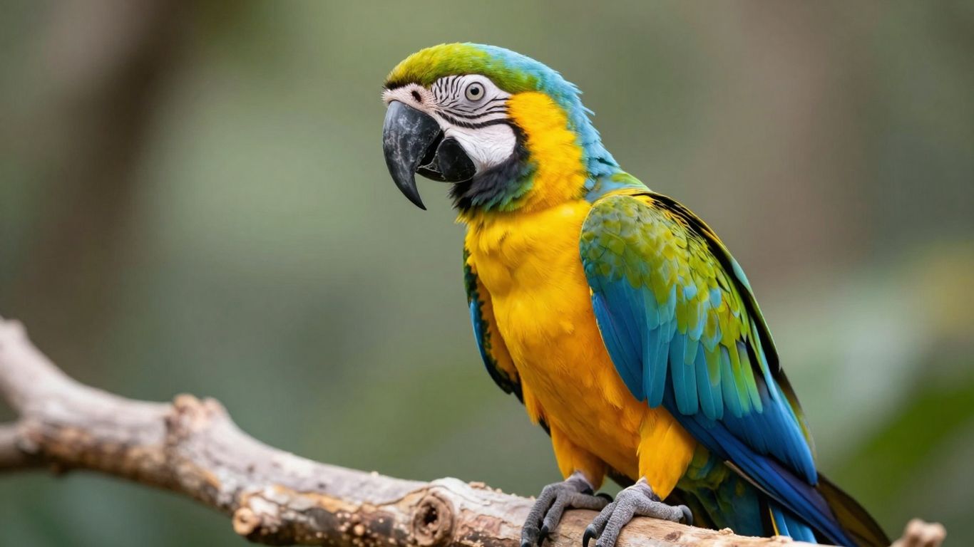 Harlequin Macaw parrot with colorful plumage perched on a branch.
