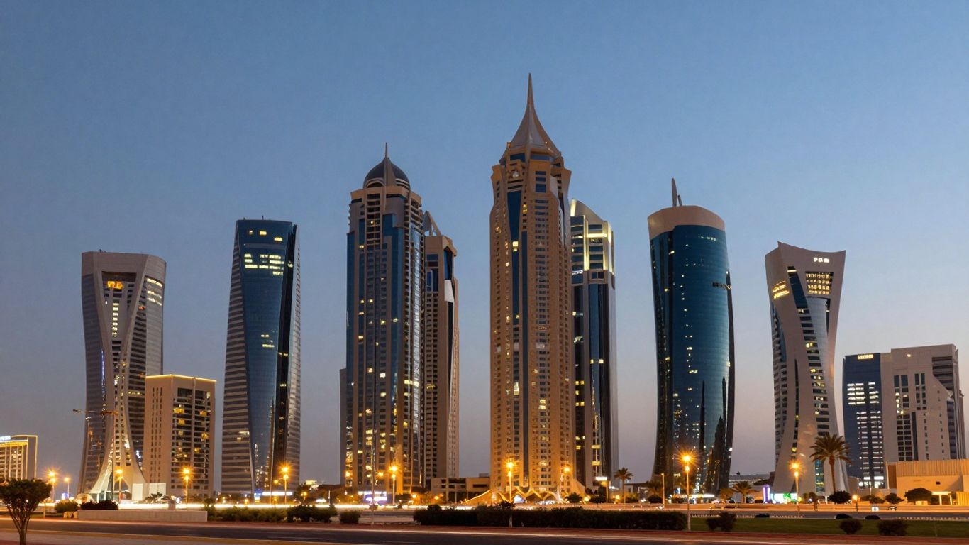 Doha cityscape at dusk with modern skyscrapers.