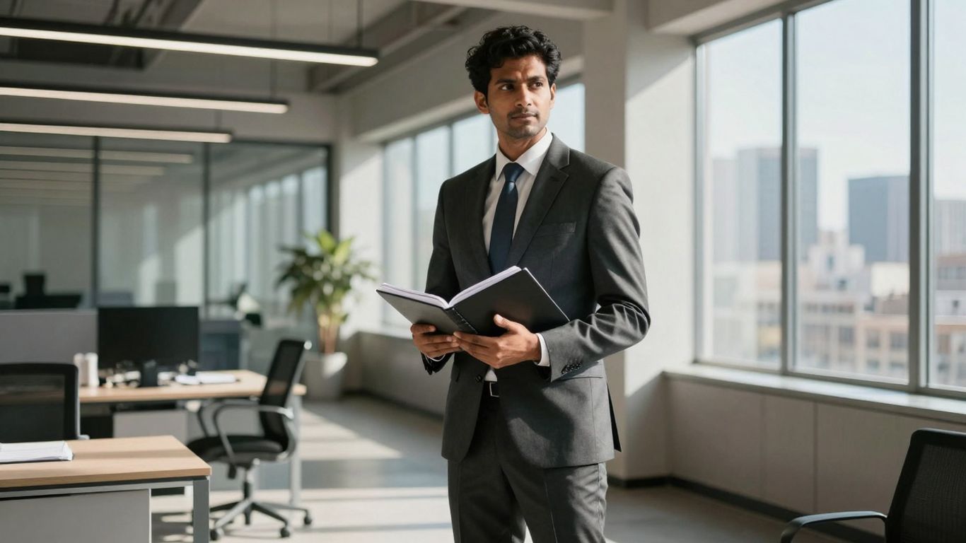 Finance analyst in California office with cityscape background.
