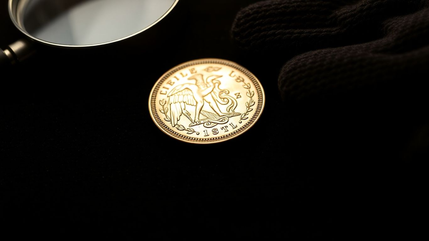 Antique rare coin under magnifying glass for collectors