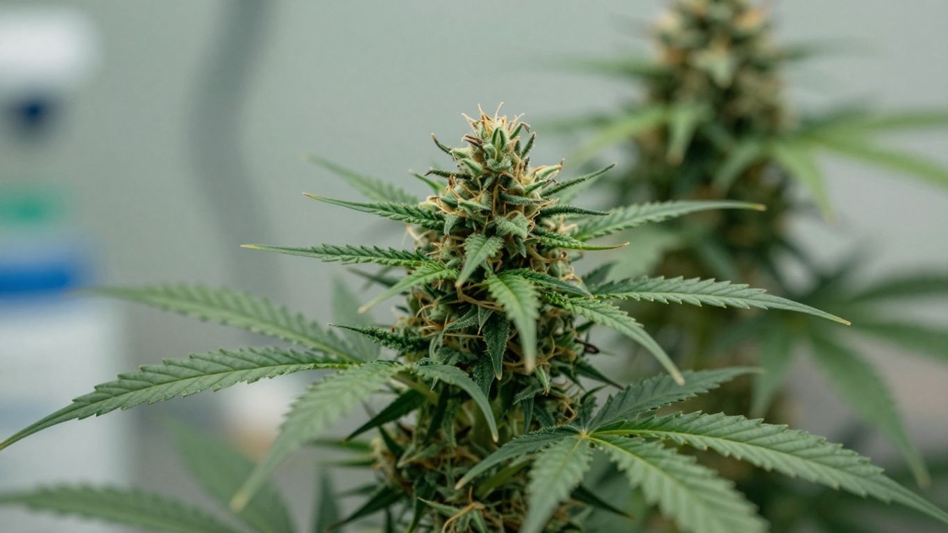 Grüne Cannabisblätter und Knospen mit medizinischem Hintergrund.