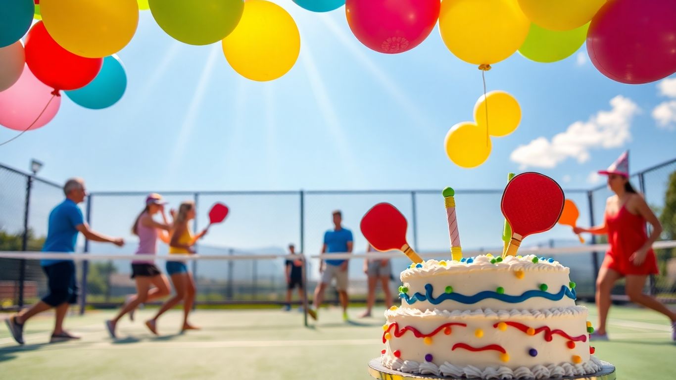 Pickleball birthday party with cake and players.