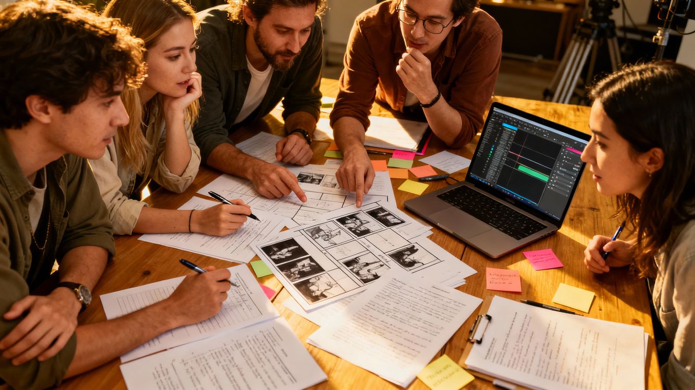 Team planning video shoot with storyboards and scripts.